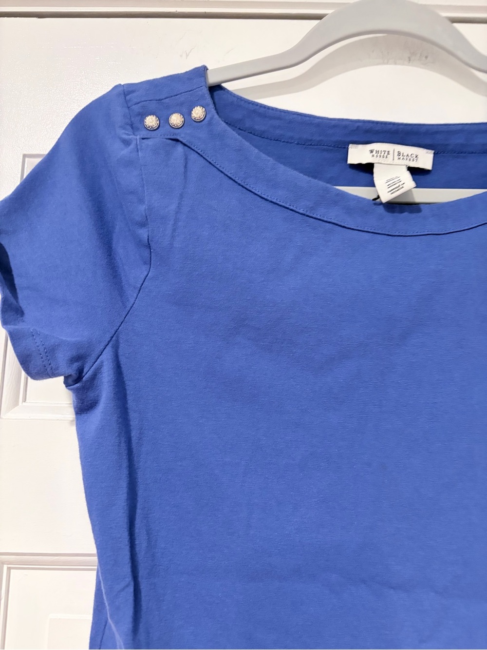 White House Black Market Royal Blue Short Sleeve Top with Shoulder Studs - Picture 2 of 8